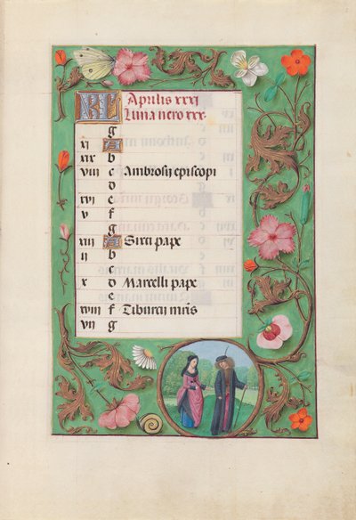 Godziny królowej Izabeli Katolickiej, królowej Hiszpanii: Fol. 5r, kwiecień - Giermek i Dama, ok. godz. 1500. autorstwa Master of the First Prayerbook of Maximillian