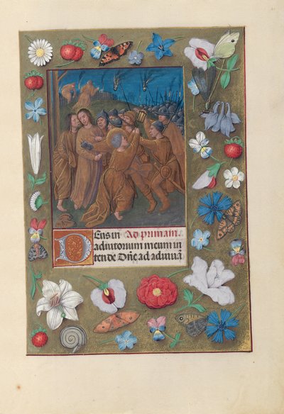 Godzinki królowej Izabeli Katolickiej, królowej Hiszpanii:  Fol. 61r, Pocałunek Judasza autorstwa Master of the First Prayerbook of Maximillian
