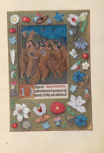Godziny królowej Izabeli Katolickiej, królowej Hiszpanii: Fol. 61r, Pocałunek Judasza, ok. n.e. 1500. autorstwa Master of the First Prayerbook of Maximillian