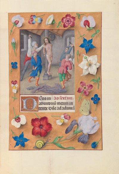 Godziny królowej Izabeli Katolickiej, królowej Hiszpanii: Fol. 66r, Biczowanie, ok. n.e. 1500. autorstwa Master of the First Prayerbook of Maximillian