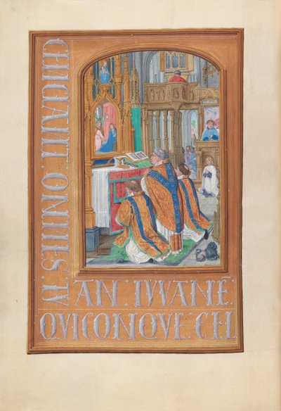 Godziny królowej Izabeli Katolickiej, królowej Hiszpanii: Fol. 87v, celebracja Mszy św. 1500. autorstwa Master of the First Prayerbook of Maximillian