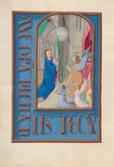 Godziny królowej Izabeli Katolickiej, królowej Hiszpanii: Fol. 97v, Zwiastowanie, c. 1500. autorstwa Master of the First Prayerbook of Maximillian