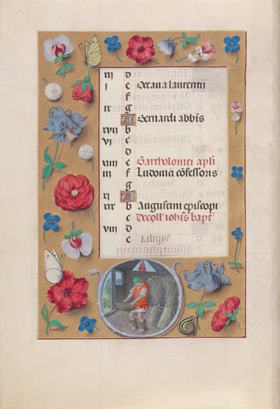 Godzinki królowej Izabeli Katolickiej, królowej Hiszpanii:  Fol. 9v, sierpień autorstwa Master of the First Prayerbook of Maximillian