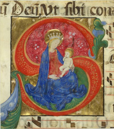 Rękopis Iluminacja z Matką Boską z Dzieciątkiem w inicjale S, z antyfonarza, poł. XV w autorstwa Master of the Franciscan Breviary