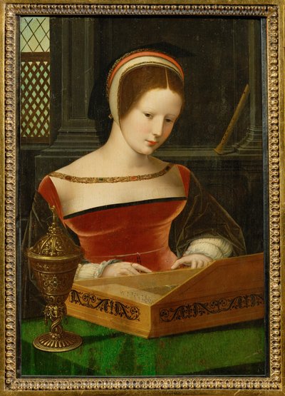 Dama przy klawikordzie. Naczynie z maścią jest atrybutem świętej Marii Magdaleny (obraz na płótnie) autorstwa Master of the Half Figures