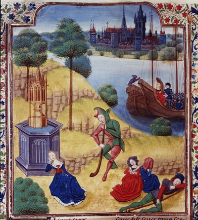 Dodaj 35322 fol.227v Ephigenia i Cimone, z Giovanniego Boccaccio (1313-75) „Decameron”, c.1475 (welum) autorstwa Master of the Harley Froissart