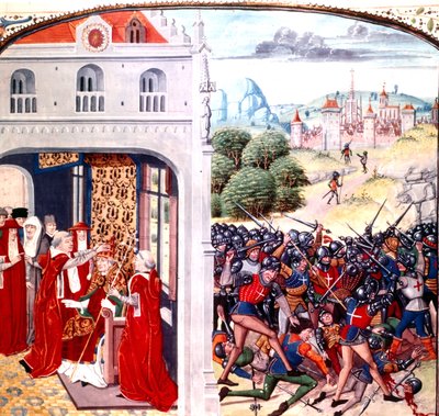 Konsekracja papieża Grzegorza IX w Awinionie Francja (pontyfikat w latach 1227-1241) przez Jeana Froissarta (welum) autorstwa Master of the Harley Froissart