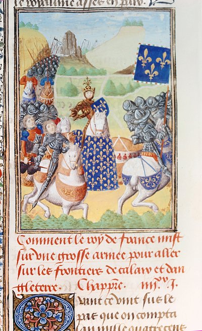 Harley 4380 fol.196v Król Karol VI (1366-1422) z Francji prowadzi ekspedycję przeciwko Calais, z części II tomu IV „Kroniki Froissarta” Jeana Froissarta (ok.1333-1404) (welum) autorstwa Master of the Harley Froissart