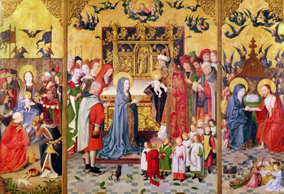 Ołtarz Siedmiu Radości Dziewicy, przedstawiający Pokłon Trzech Króli, Ofiarowanie w świątyni i Chrystus ukazujący się Maryi, ok. 1480 autorstwa Master of the Holy Family