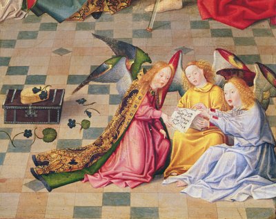 فرښته موسیقار د ویرجین د اوو جویونو د قربانګاه د ښي پینل څخه، c.1480 (د لرګیو پر تیلو) (د 215399 تفصیل) پولی autorstwa Master of the Holy Family