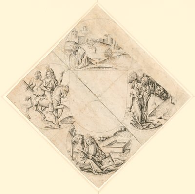 Projekt quatrefoil z zamkiem, dwoma kochankami, panną kuszoną przez głupca, parą siedzącą przy korycie oraz rycerzem i jego kochanką na koniu. autorstwa Master of the Housebook