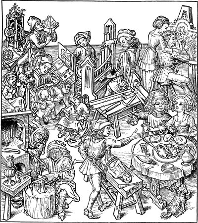 Merkury i jego dzieci. Ilustracja z Housebooka, lata 80. XIX wieku autorstwa Master of the Housebook