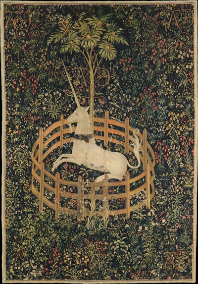 Jednorożec w niewoli, c. 1500 autorstwa Master of the Hunt of the
