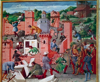 Budowa miasta Rzymu. Bliźniacy Romulus i Remus odwiedzają witrynę (kontrola pracy i prace wstępne). Robotnicy są aktywni przy zadaniu: Macons, Stone Tailors, belier, marmur i cement (przygotowanie cementu) w pracy. Miniatura w „Romuleonie”. autorstwa Master of the Innocent III missal