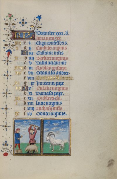 Strona kalendarza na grudzień; Ubój świni; Koziorożec autorstwa Master of the Lee Hours
