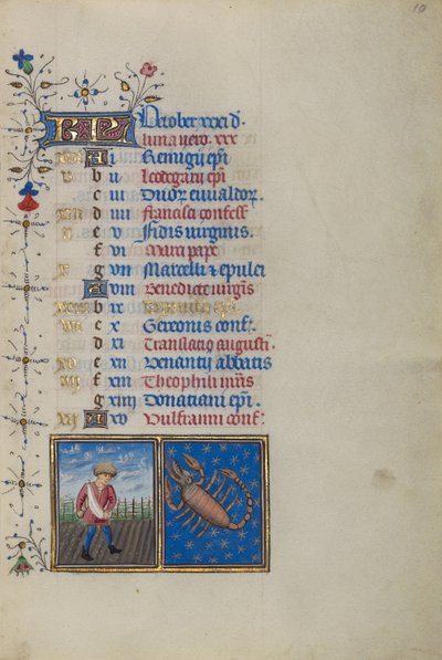 Strona kalendarza na październik; Siew; Skorpion autorstwa Master of the Lee Hours