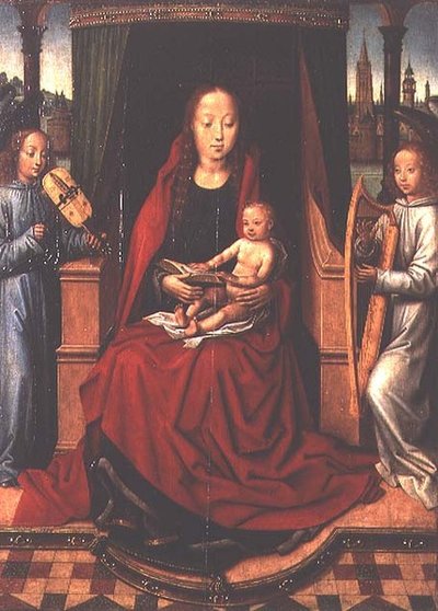 Madonna z Dzieciątkiem i Dwoma Muzycznymi Aniołami autorstwa Master of The Legend of St. Lucy