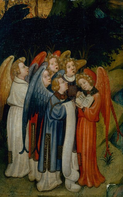 Chór Aniołów, fragment, prawdopodobnie szopka bożonarodzeniowa (olej na złocie) autorstwa Master of the Lindau Lamentation