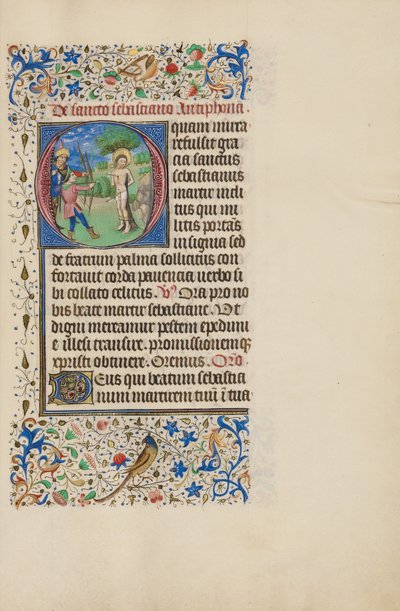 Inicjał O: Męczeństwo świętego Sebastiana autorstwa Master of the Llangattock Hours