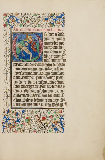 Inicjał O: Pieta ze świętym Janem Ewangelistą autorstwa Master of the Llangattock Hours
