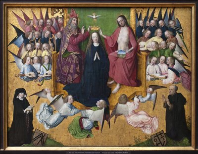 Koronacja Maryi. Reprezentacja Trójcy Świętej: Bóg, Jezus Chrystus i gołębica Ducha Świętego (Ducha Świętego). Obraz Mistrza Pasji Lyversbergera (czynny 1460-1490), olej na drewnie, wczesna sztuka niemiecka XV wiek. Monachium, Alte autorstwa Master of the Lyversberg Passion