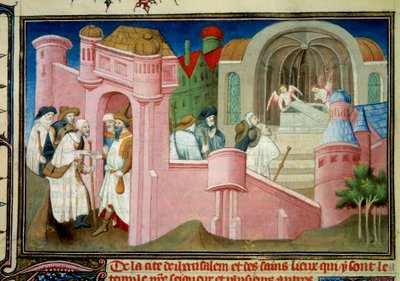 Pielgrzymi odwiedzają kościół Grobu Świętego i grób Chrystusa w Jerozolimie Miniatura w „Liber de quibusdam ultramarinis partibus et praecipue de Terra sancta” Wilhelma Bola autorstwa Master of the Mazarine