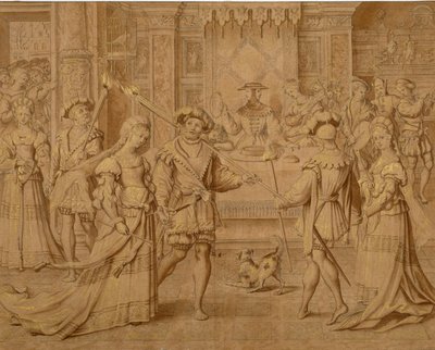 „Petit Patron” za pełnowymiarową kreskówkę z gobelinem „Styczeń” (czarna kreda i brązowa farba ze złotem na papierze) autorstwa Master of the Months of Lucas