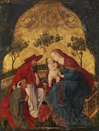 Dziewica z Dzieciątkiem z darczyńcą u św. Hieronima, ca. 1450. autorstwa Master of the Munich Bavarian Panels