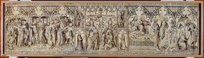Ołtarz w Narbonne: Chrystus wzięty do niewoli, wyszydzony, korona cierniowa, ukrzyżowanie, złożenie do grobu, zmartwychwstanie ... autorstwa Master of the Parement of Narbonne
