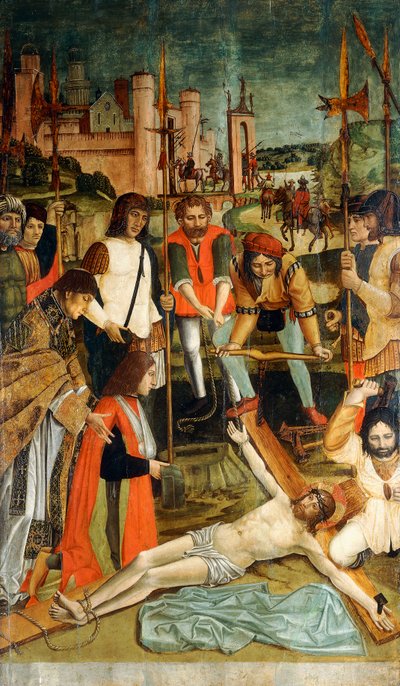 Chrystus przybity do krzyża z darczyńcą z ramieniem na temblaku podarowanym przez kapłana autorstwa Master of the Pavia Deposition