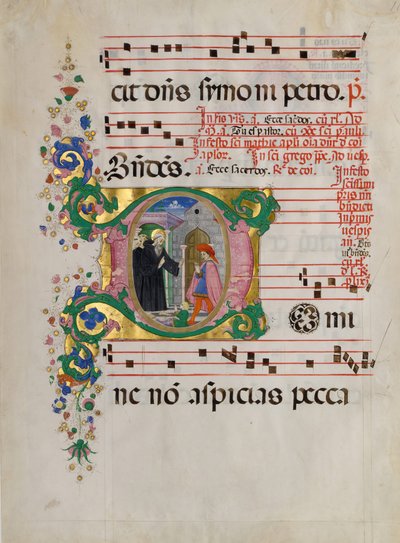 Rękopis ze św. Benedyktem wskrzeszający chłopca w inicjale D, z antyfonarza. autorstwa Master of the Riccardiana Lactantius