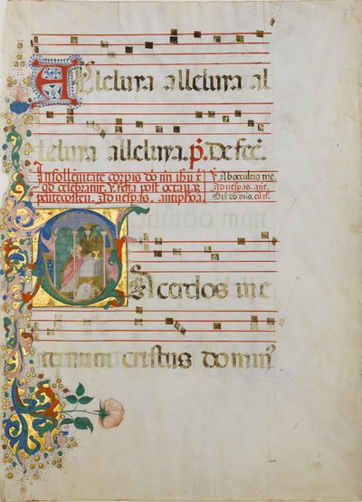 Karta rękopisu z celebracją mszy w inicjale S..., II poł. XV w. autorstwa Master of the Riccardiana Lactantius