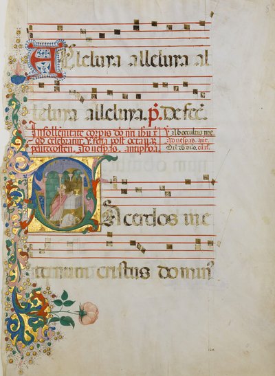 Karta rękopisu z celebracją mszy w inicjale S..., II poł. XV w. autorstwa Master of the Riccardiana Lactantius