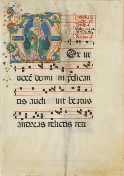 Listek rękopisu ze świętem Andrzeja w inicjale M ..., II poł. XV w. autorstwa Master of the Riccardiana Lactantius