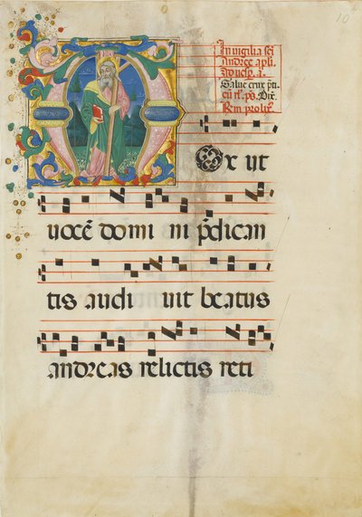 Listek rękopisu ze świętem Andrzeja w inicjale M..., II poł. XV w. autorstwa Master of the Riccardiana Lactantius
