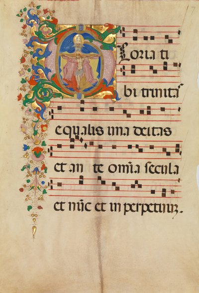 Karta rękopisu z Trójcą w inicjale G, z antyfonarza, II poł. XV w. autorstwa Master of the Riccardiana Lactantius