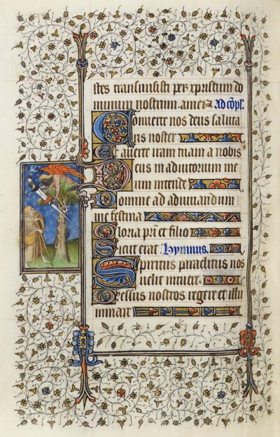 Ms 62 f.132v Skrzydlata postać w koronie drzewa z księgą przebitą mieczem, z "Godzinek do Ducha Świętego" Guillaume de Deguilleville
