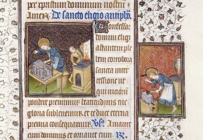 Ms 62 f.215r Św. Eligiusz buduje Sanktuarium; Św. Eligiusz w kowadle, z Księgi Godzin autorstwa Master of the Rohan Hours