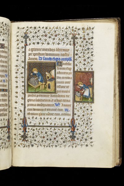 Ms 62 f.215r Św. Eligiusz buduje Sanktuarium; Św. Eligiusz w kowadle, z Księgi Godzin, ok. 1445-50 (welum) autorstwa Master of the Rohan Hours