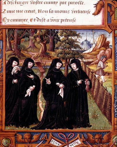 Reprezentacja Królowej Nawarry Małgorzata Angoulema (1492-1549) rozmawiająca ze swoimi towarzyszami Strona zaczerpnięta z rękopisu „”La coche ou Debat d