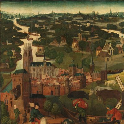 Powódź w dniu św. Elżbiety Zewnętrzne lewe skrzydło ołtarza z powodzią św. Elżbiety, 18-19 listopada 1421, z miastem Dordrecht w tle autorstwa Master of the St Elizabeth Panels