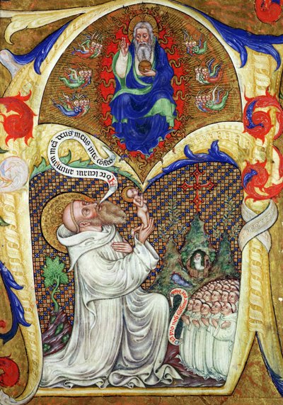 Historyczny inicjał „A” przedstawiający św. Benedykta ofiarującego swoją duszę Bogu Ojcu, Szkoła Lombardzka autorstwa Master of the Vitae Imperatorum