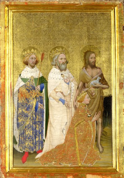 Ryszard II, król Anglii, ze swoimi świętymi patronami (lewy panel wewnętrzny dyptyku Wilton) autorstwa Master of the Wilton Diptych