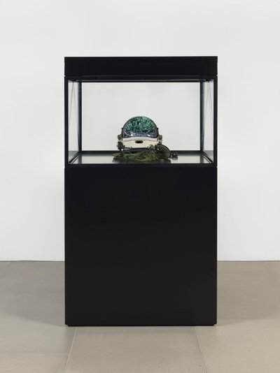 Alpha Omega, 2016 (szkło, ekran LCD, odtwarzacz multimedialny, replika czaszki, hełm kosmiczny, drewno) autorstwa Mat Collishaw