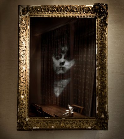 Women Under the Influence, 2009 (antyczna rama, dwustronne lustro, drewno, stal, ekran LCD i dysk twardy) autorstwa Mat Collishaw