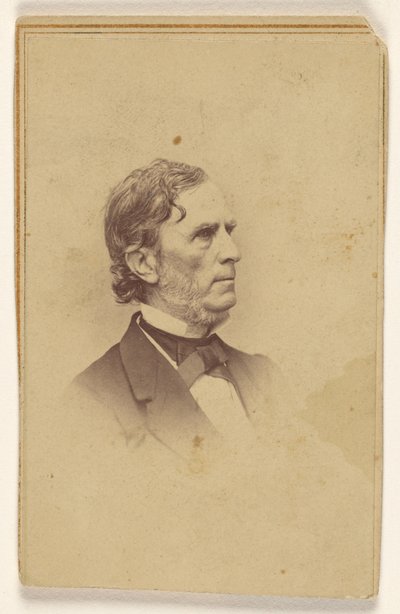 Niezidentyfikowany mężczyzna z siwiejącą brodą, bez wąsów, z profilu, wydrukowany w stylu winiety autorstwa Mathew B. Brady