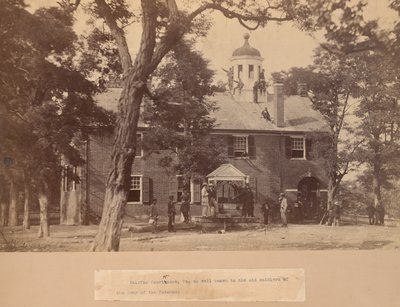 Fairfax Court House, Wirginia, z żołnierzami Unii z przodu i na dachu autorstwa Mathew Brady