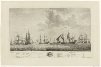 Holenderska flota wojenna u wybrzeży Rammekens, 1782-1783 Widok narodowych okrętów wojennych pod dowództwem kontradmirała van Kruyne na redzie Rammekens, w den Jaare 1782 i 1783 (tytuł na obiekcie) autorstwa Mathias de Sallieth