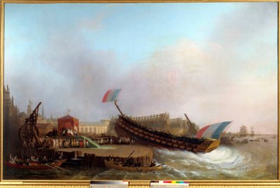 Cesarz Napoleon I (1769-1821) i Imperatrix, otoczeni przez króla i królową Westfalii podczas wodowania 80-działowego statku The Friedland”, w arsenale Antwerpii, w dniu 2 maja 1810 r.” „Stocznia w XIX wieku. Obraz Mathieu Ignace autorstwa Mathieu Ignace van Bree