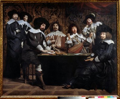 Spotkania amatorskie czy akademicki Zjazd artystów i intelektualistów. Obraz Mathieu Le Nain (Lenain) (1607-1677) XVII w. Słońce. 1,16x1,46 m paryskie musee du Louvre autorstwa Mathieu Le Nain
